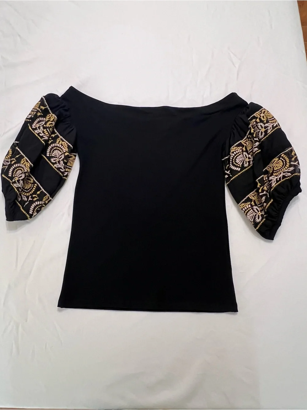 Free People Black Off-Shoulder Puff Sleeve Top with Yellow & White Embroidery M